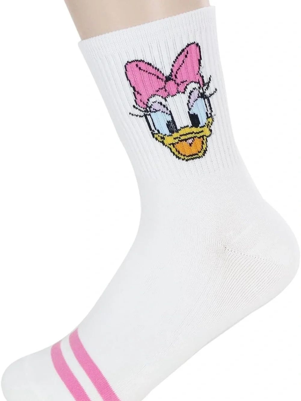 New Women’s White Crew Socks with Daisy Duck Face and Pink Bow